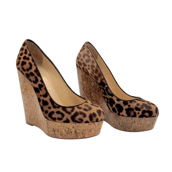Christian Louboutin Leopard Print Pony Hair Cork Platform Wedges - Size 5 - Picture 1 of 8